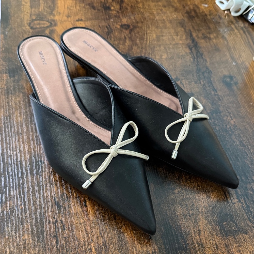 Maeve Anthropology Black Mules with cream Bow Accent size 39 / 8 1/2 New